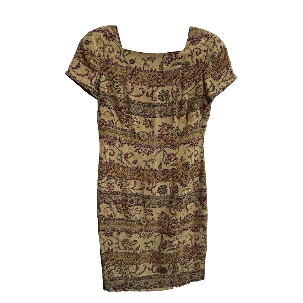 Adrianna Papell 100% Silk Dress Size 8 Gold‎ Tapestry Print Lined Back Zip Knee
